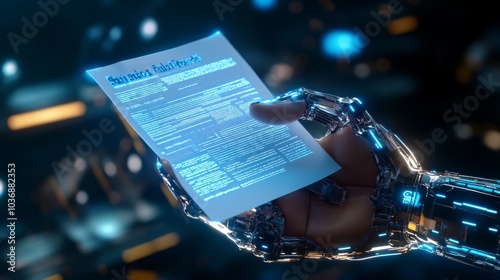 Cybernetic Hand Holding Document in Futuristic Setting