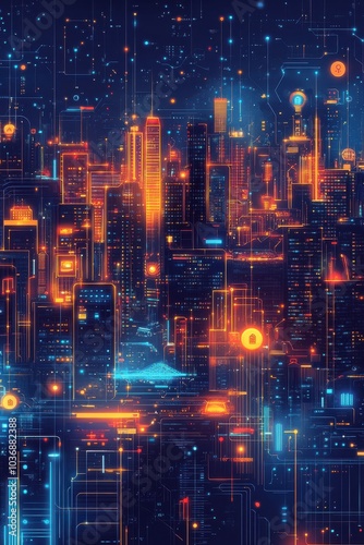 Futuristic city skyline with glowing digital technology representing a smart, interconnected urban landscape at night