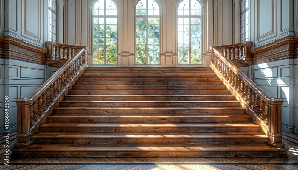 Fototapeta premium Wooden Staircase with Sunlight Streaming Through Windows in a Grand Hallway
