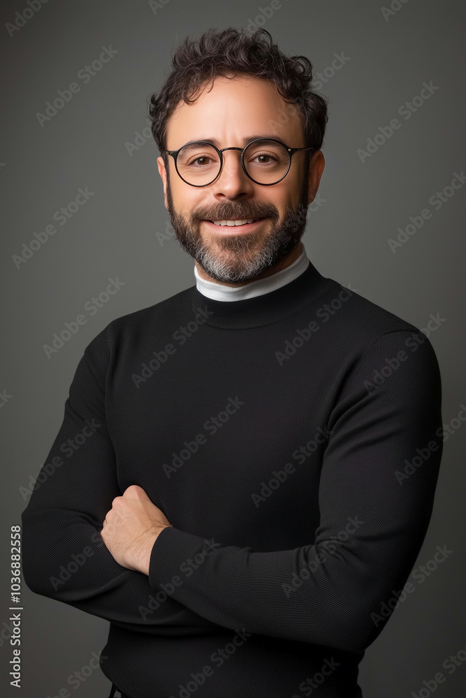 A man with glasses and a beard is smiling and wearing a black sweater A man with glasses and a beard is smiling and wearing a black sweater