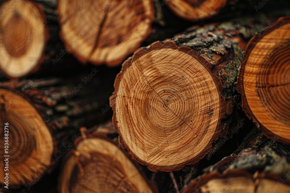 Closeup of Stacked Tree Trunks Showcasing Natural Patterns and Textures
