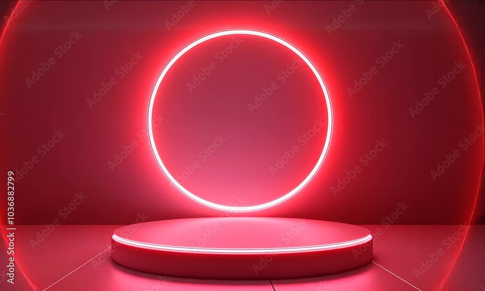 Red display podium mockup with red neon light circle on geometric video. Cylinder podium for product presentation and promotion video. Advertising concept video. Red display podium mockup with red neon light circle on geometric video. Cylinder podium for product presentation and promotion video. Advertising concept video.