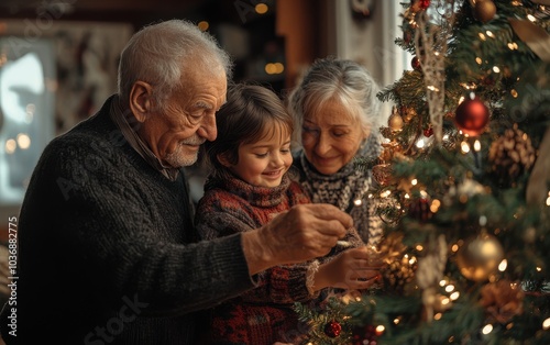 Elderly couple and their granddaughter joyfully decorate a Christmas tree at home, creating a warm family atmosphere with twinkling lights and festive ornaments, 