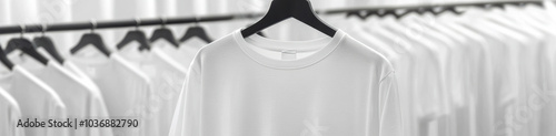 White t-shirts neatly hang in a row, creating a minimalist and clean aesthetic, AI photo