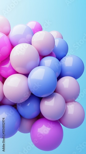 Colorful cluster of glossy spheres floating against a serene blue background