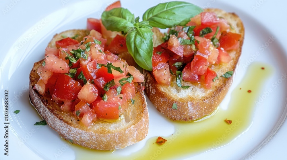 Delicious Tomato Bruschetta on a White Plate Delicious Tomato Bruschetta on a White Plate