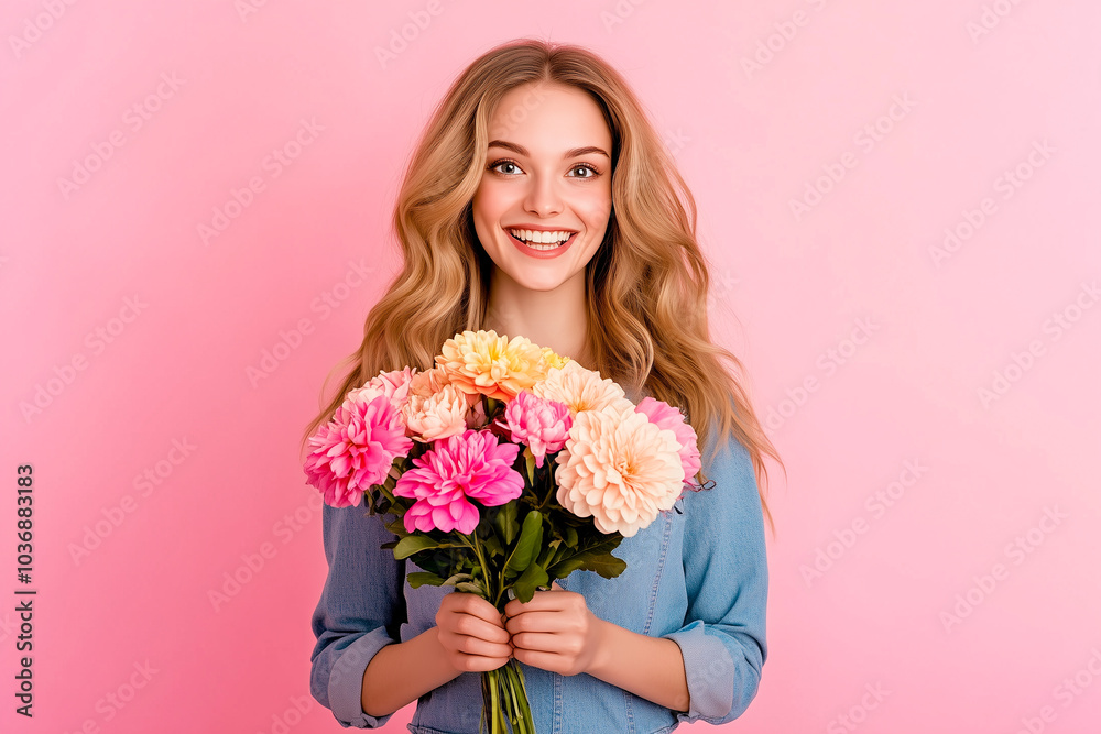 A woman is holding a bouquet of flowers and smiling A woman is holding a bouquet of flowers and smiling