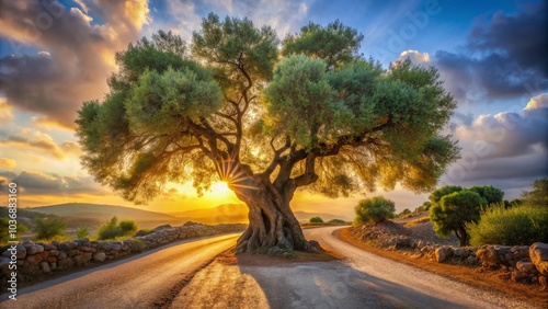 Ancient olive tree with a sturdy branch stretching towards the road, illuminated by warm sunlight, awaiting the life-changing encounter with the Savior. photo