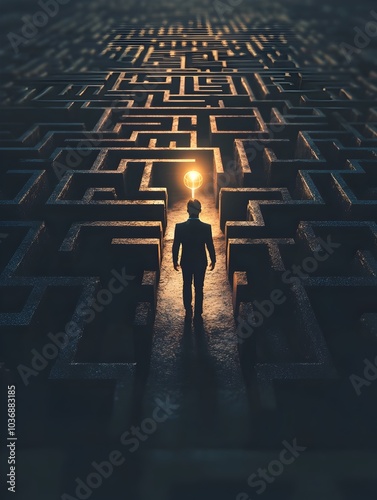 Plakat Businessman navigating a maze with a clear path leading to a shining goal