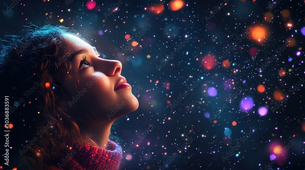 A woman with long hair is looking up at the sky. The sky is filled with stars and the snow is falling. The woman is wearing a red sweater and she is looking at something in the sky A woman with long hair is looking up at the sky. The sky is filled with stars and the snow is falling. The woman is wearing a red sweater and she is looking at something in the sky