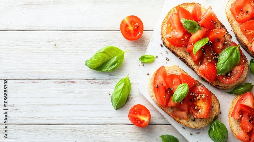 Vibrant Tomato Bruschetta Slices from Top View Vibrant Tomato Bruschetta Slices from Top View