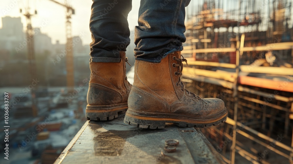 boots balancing on a steel beam, with industrial machinery and scaffolding in the background, emphasizing the importance of safety at the construction site. boots balancing on a steel beam, with industrial machinery and scaffolding in the background, emphasizing the importance of safety at the construction site.