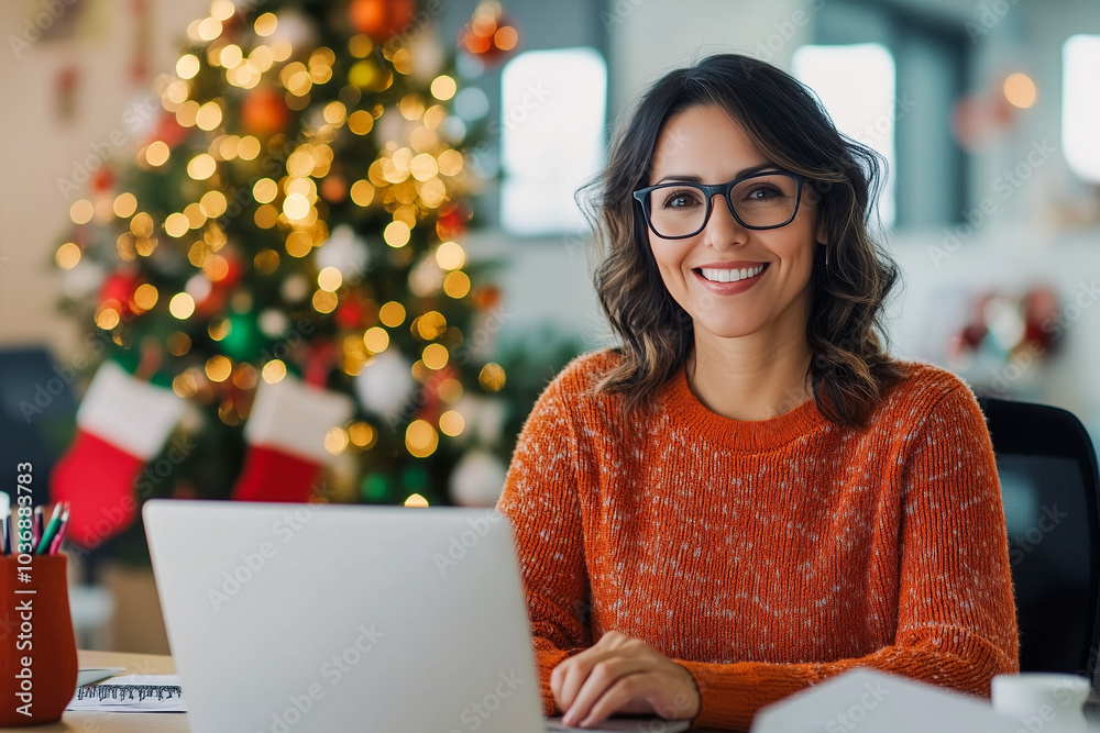A woman is sitting at a desk with a laptop A woman is sitting at a desk with a laptop