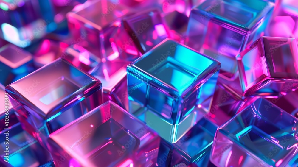 Close-Up View of Transparent Cubes in Blue and Purple Colors. Close-Up View of Transparent Cubes in Blue and Purple Colors.