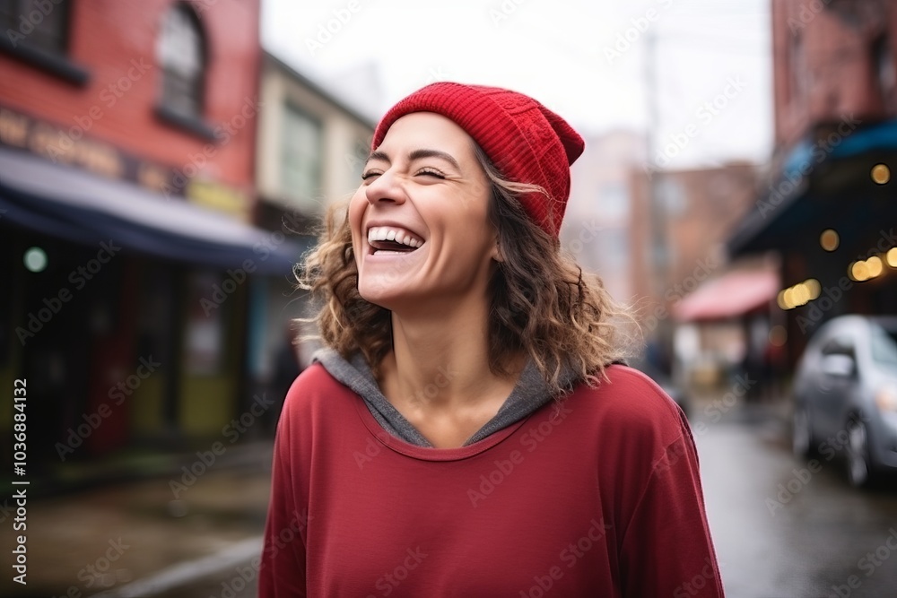 Portrait of a beautiful young woman in red hat laughing at the camera Portrait of a beautiful young woman in red hat laughing at the camera