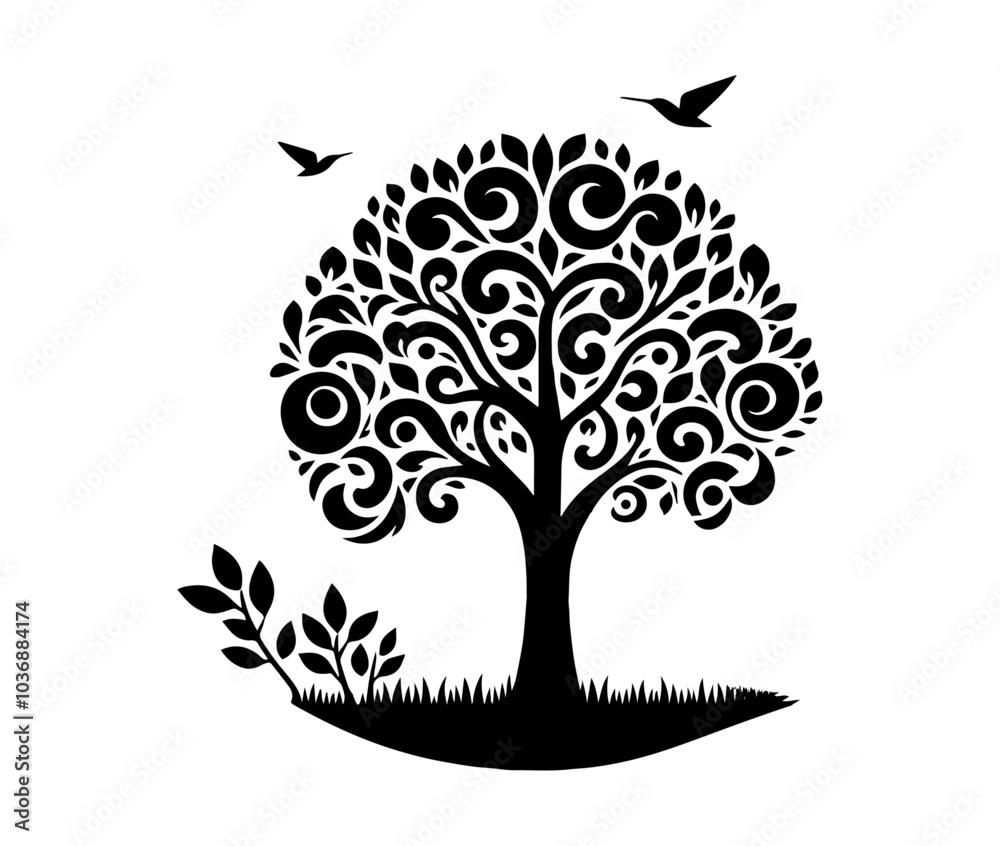 stylized tree silhouette, Black and white illustration stylized tree silhouette, Black and white illustration