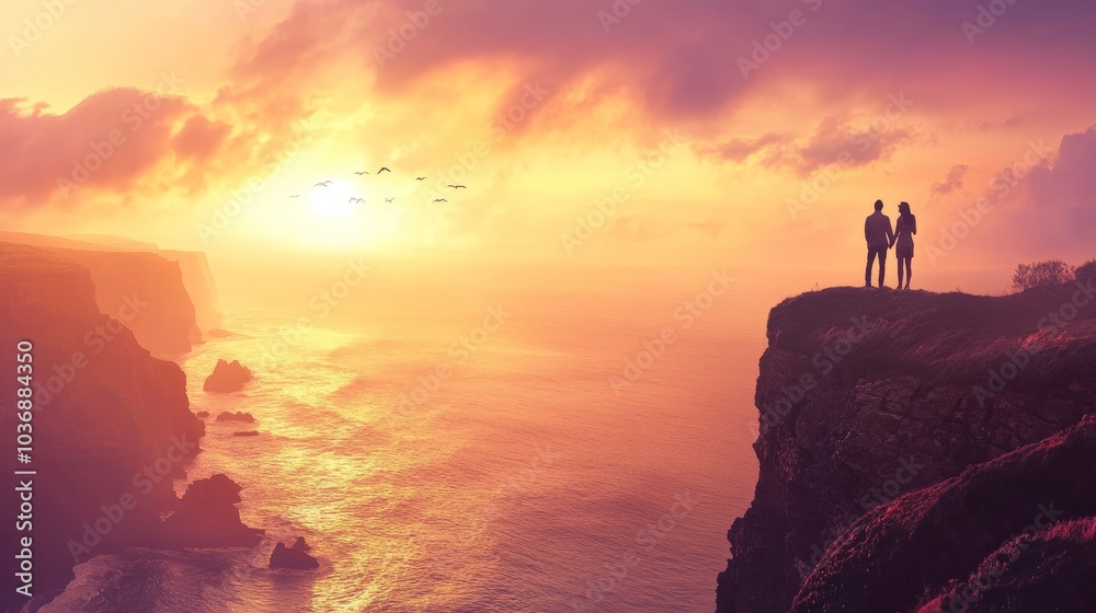 edge, holding hands and watching the sunrise over a vast ocean, with soft light illuminating their faces and the rugged coastline below. edge, holding hands and watching the sunrise over a vast ocean, with soft light illuminating their faces and the rugged coastline below.