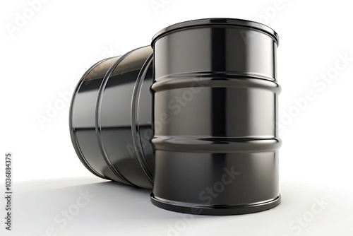 Sleek black metal barrel designed for oil storage, featuring a modern aesthetic. Isolated on a white background, this high-quality 3D render showcases versatile industrial use. photo