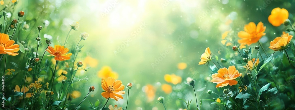 A beautiful nature scene featuring a field with sunlight filtering through, vibrant yellow flowers, A beautiful nature scene featuring a field with sunlight filtering through, vibrant yellow flowers,