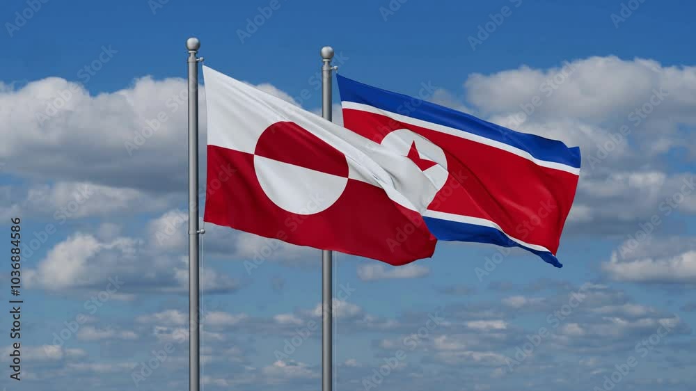 North Korea and Greenland flags flying together, video concept of the relationship North Korea and Greenland flags flying together, video concept of the relationship