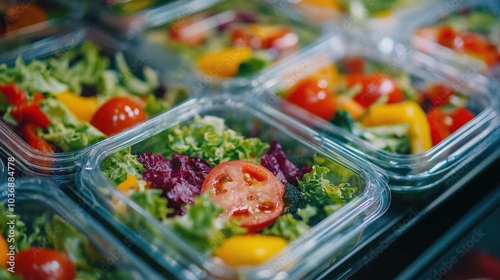 Fototapeta premium Top view of close-up of multiple healthy vegetable salad lunch boxes in plastic. A great choice for diet and take away food