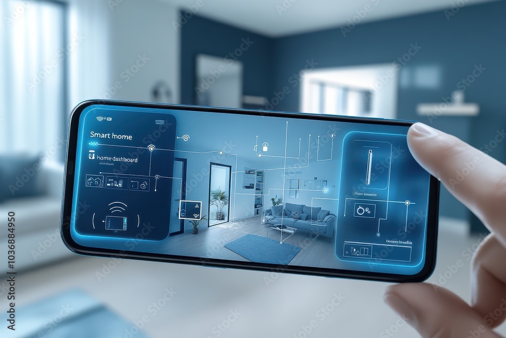Modern smart home interface on smartphone controlling home automation in a cozy living room Modern smart home interface on smartphone controlling home automation in a cozy living room