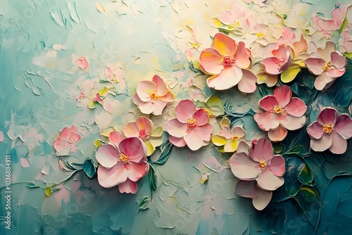A vibrant, textured painting of pink and yellow flowers against a soft blue background, creating a serene and uplifting atmosphere.