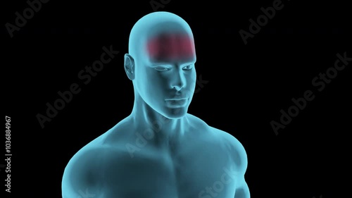 Front head pain red indication on male upper body hologram with an alpha channel 
