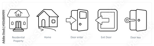 A set of 5 mix icons as residential property, home, door enter