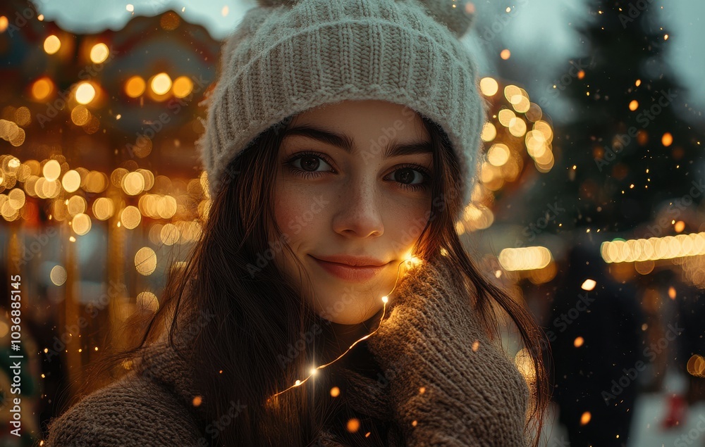 Obraz premium Young woman holding fairy lights in winter snow, smiling warmly as festive lights glow around her