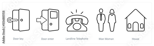 A set of 5 mix icons as door key, door enter, landline telephone