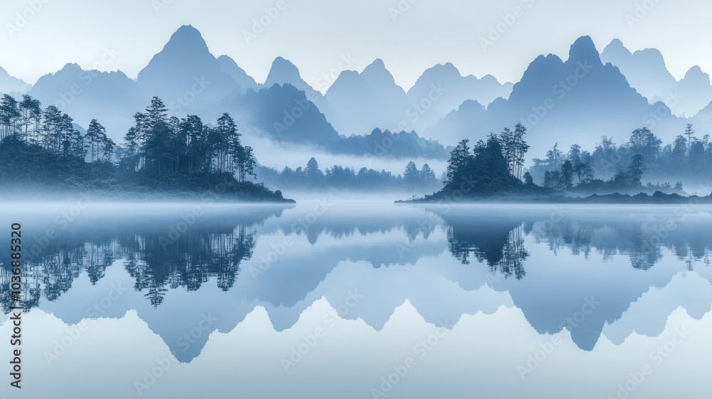 Fototapeta premium Serene mountain landscape with reflective water.