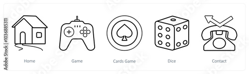 A set of 5 mix icons as home, game, cards game