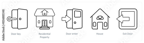 A set of 5 mix icons as door key, residential property, door enter