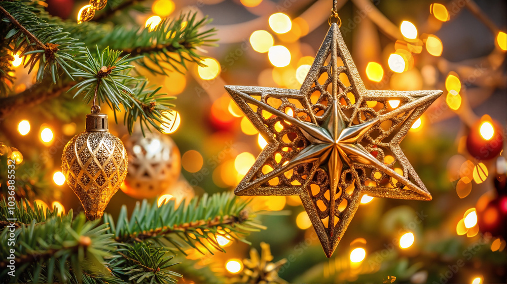 Golden Star Ornament Hanging on Christmas Tree with Lights Golden Star Ornament Hanging on Christmas Tree with Lights