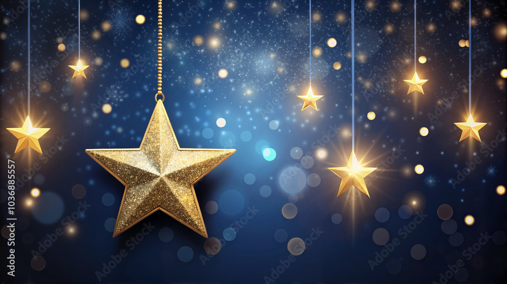 Golden Star Hanging With Sparkling Lights on Blue Background Golden Star Hanging With Sparkling Lights on Blue Background