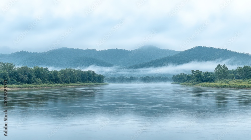 Serene river landscape with misty mountains. Serene river landscape with misty mountains.