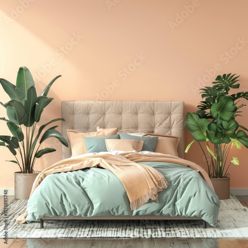 Cozy Bedroom Featuring Peach Walls, Gray Bed, and Green Plants. photo