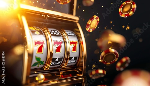 Golden slot machine with colorful chips and reels, offering excitement and the thrill of gambling. photo