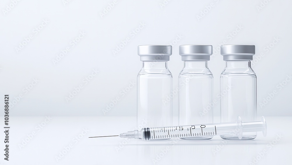 small glass vials with clear liquid and a syringe on a white background, close-up.