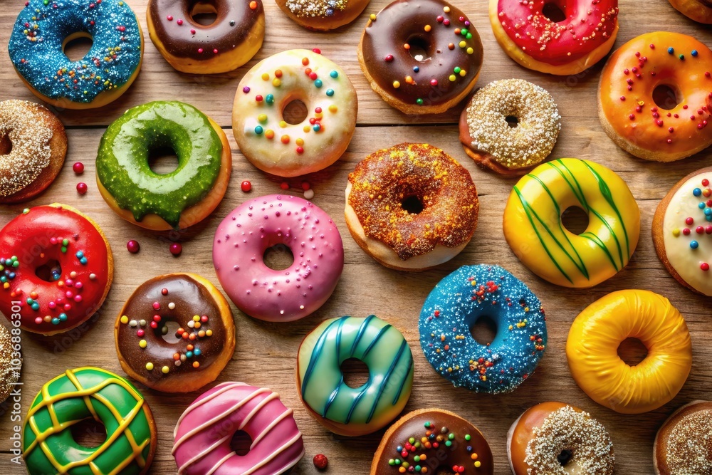 Vibrant glazed donuts adorned with sprinkles, perfect for dessert lovers and bakery fans. A delightful vector illustration capturing the joy of sweet treats. Vibrant glazed donuts adorned with sprinkles, perfect for dessert lovers and bakery fans. A delightful vector illustration capturing the joy of sweet treats.