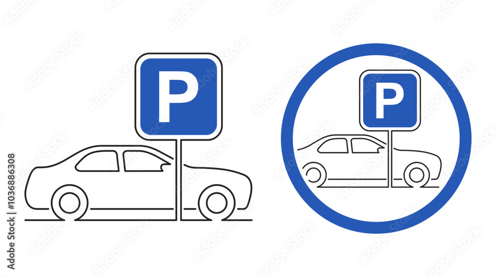 Parking sign Icon - car symbol and P letter, thin line Parking sign Icon - car symbol and P letter, thin line