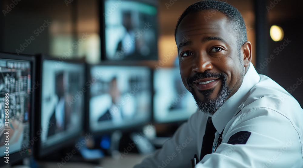 A portrait of an African American security guard sitting at his desk, surrounded by multiple monitors displaying live footage from the building he's in charge of, with a smile on h A portrait of an African American security guard sitting at his desk, surrounded by multiple monitors displaying live footage from the building he's in charge of, with a smile on h