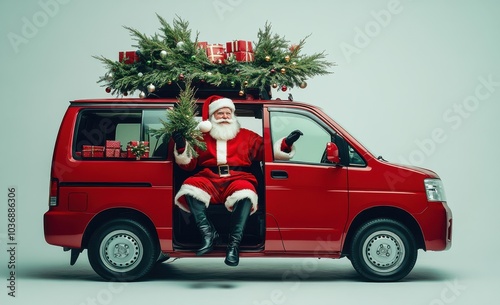 Santa Claus stepping out of a red van filled with Christmas presents and a pine tree on top, ready to spread holiday cheer photo