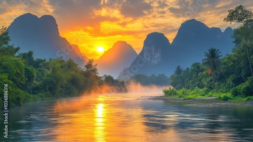 Serene sunset over a misty river and mountains.