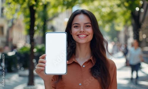 A woman is holding a white cell phone in her hand
