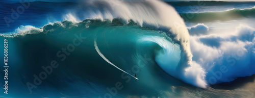 Surfer riding a massive ocean wave at sunset, captured in action with beautiful lighting and ocean mist. photo