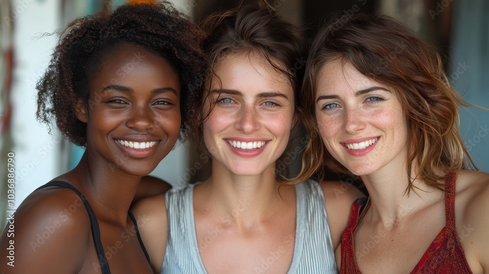 Three women smiling at the camera. One is wearing a black tank top, the other two are wearing white tank tops Three women smiling at the camera. One is wearing a black tank top, the other two are wearing white tank tops
