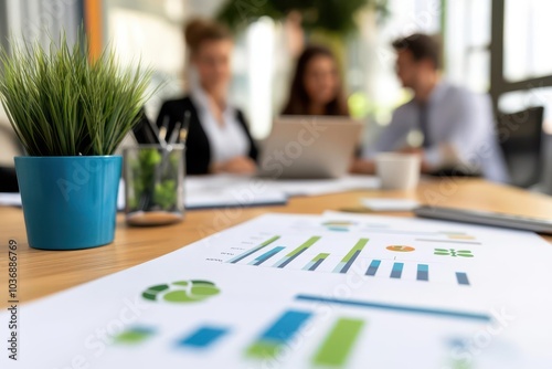 A modern workspace with documents, charts, and a plant, showcasing teamwork and productivity in a business environment.