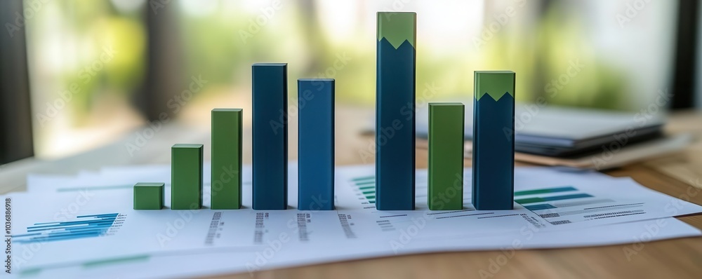 Business growth chart with green and blue bars on documents, symbolizing success and analysis in financial report. Business growth chart with green and blue bars on documents, symbolizing success and analysis in financial report.